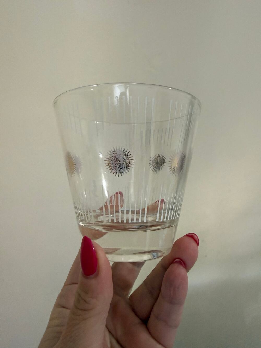 Fred Press Atomic Sunburst 1950s MCM Whiskey Cocktail Glass white